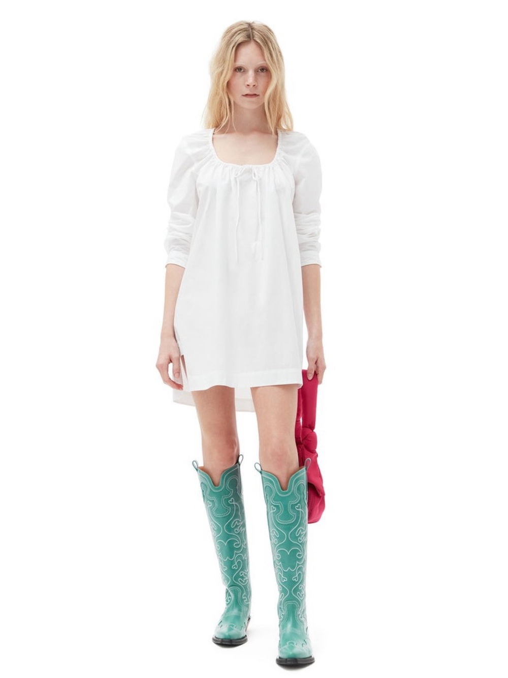 BNWT GANNI white Cotton Poplin Square-neck Mini Dress, size 32
